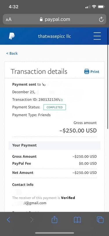 PayPal transaction of $250